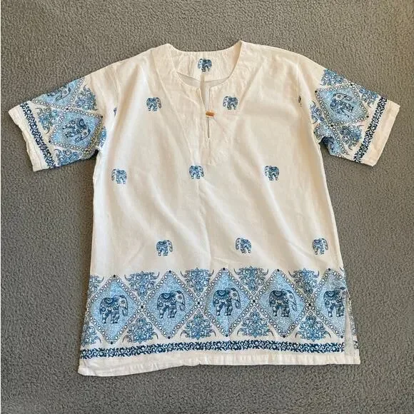 Elephant Top 2XL Geometric Art Short Sleeve V-Neck Boho Beach Hippie Shirt XXL - Picture 1 of 14
